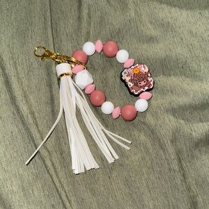 Pink and White Beaded Keychain with Tassel